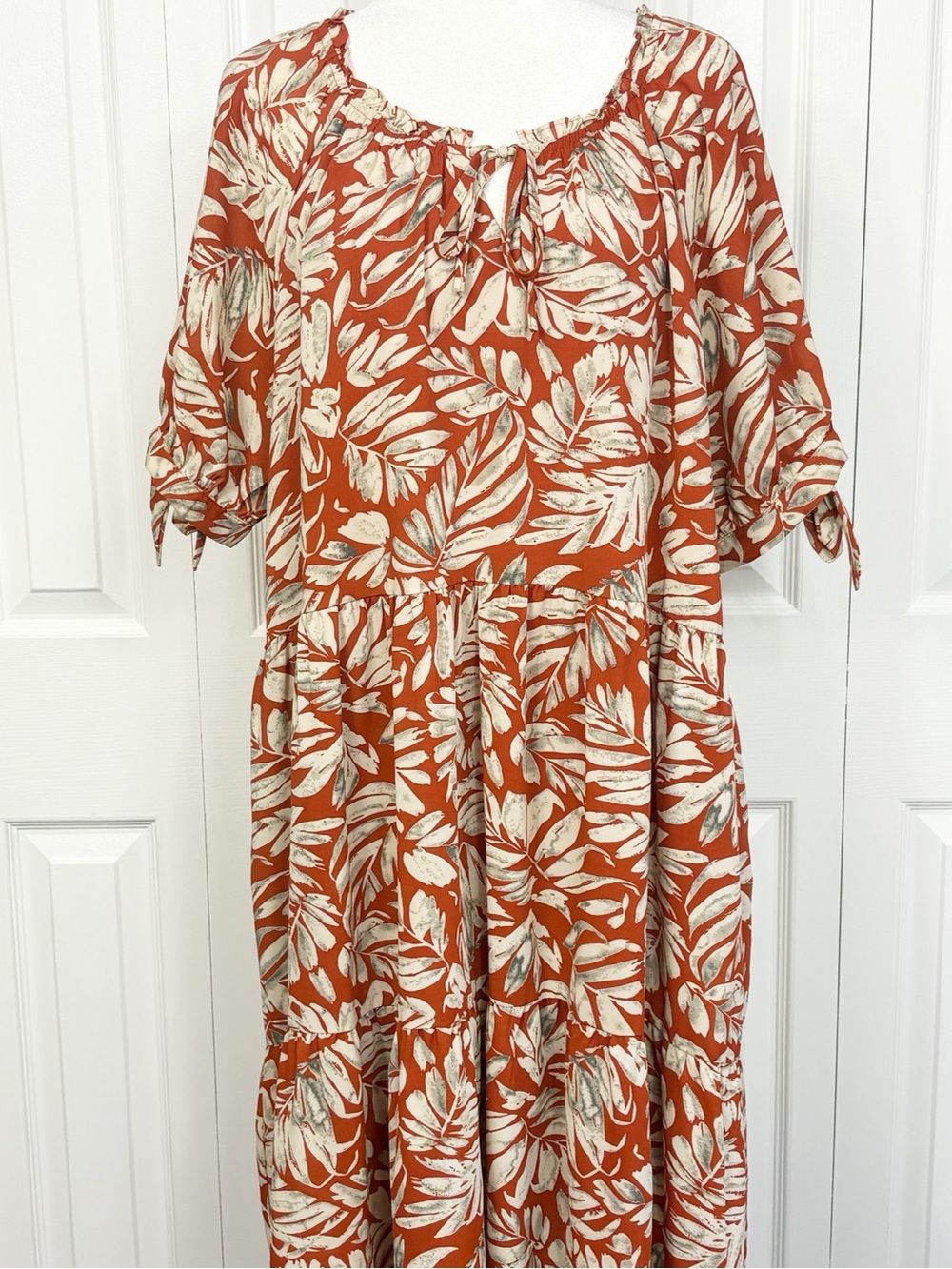 Hayden LA Boho Orange Tropical Leaf Print Tie Sleeve Tiered Midi Dress 1X